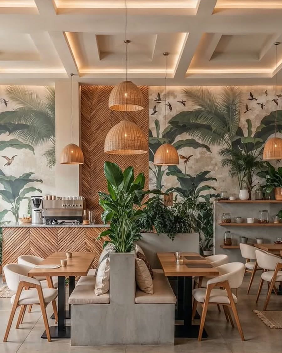 Rattan pendants over the espresso bar