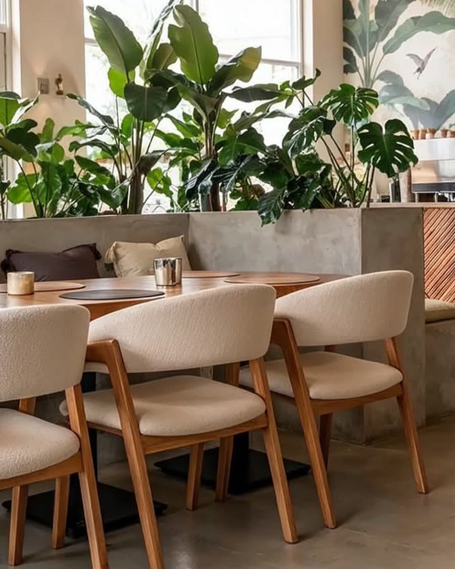 Boucle chairs beneath the banana leaves